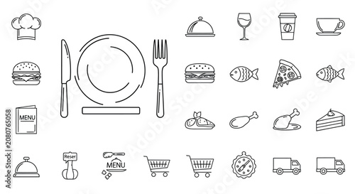 Restaurant Icons Set Linear Food And Beverage Silhouettes dining meal