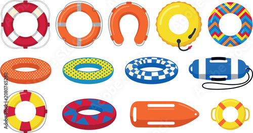 Fotografie Lifebuoy and Inflatable Swim Ring Icon Set Vector Illustration Collection with C