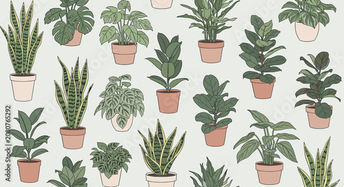 Photos Seamless pattern featuring various hand drawn potted indoor houseplants on a light background