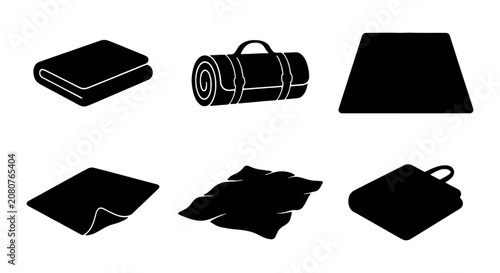 Blanket and rug icon set, black silhouette textile symbols, 6 fabric vector elements
