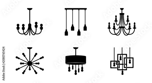 Modern chandelier icon set, black ceiling lamp silhouettes, 6 interior lighting vectors