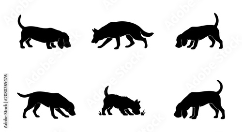 Photos Dog silhouette vector set, 6 sniffing hound icons, black canine hunting pet silh