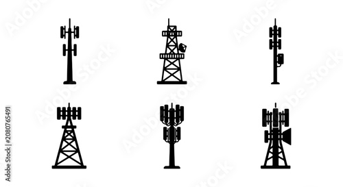 Telecommunication tower icons set, 6 cell phone signal mast vectors, radio antenna silhouettes