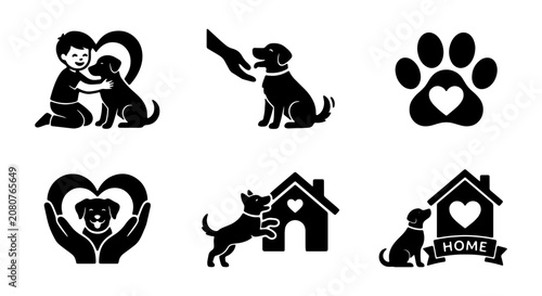 Dog adoption icons set, pet rescue silhouettes, 6 animal care vector illustrations