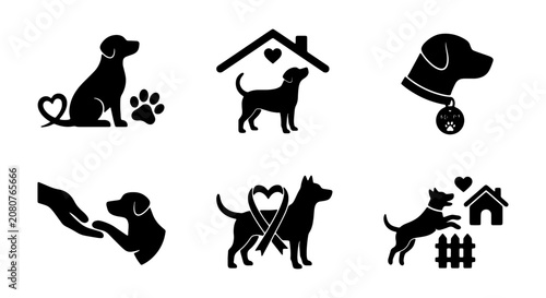 Dog shelter icons set, pet adoption vector silhouettes, animal rescue service symbols