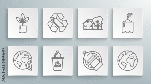 Obraz na płótnie Set line Earth globe and leaf, Recycling plastic bottle, Recycle bin with recycle symbol, No, Eco friendly house, Sprout and Plant icon