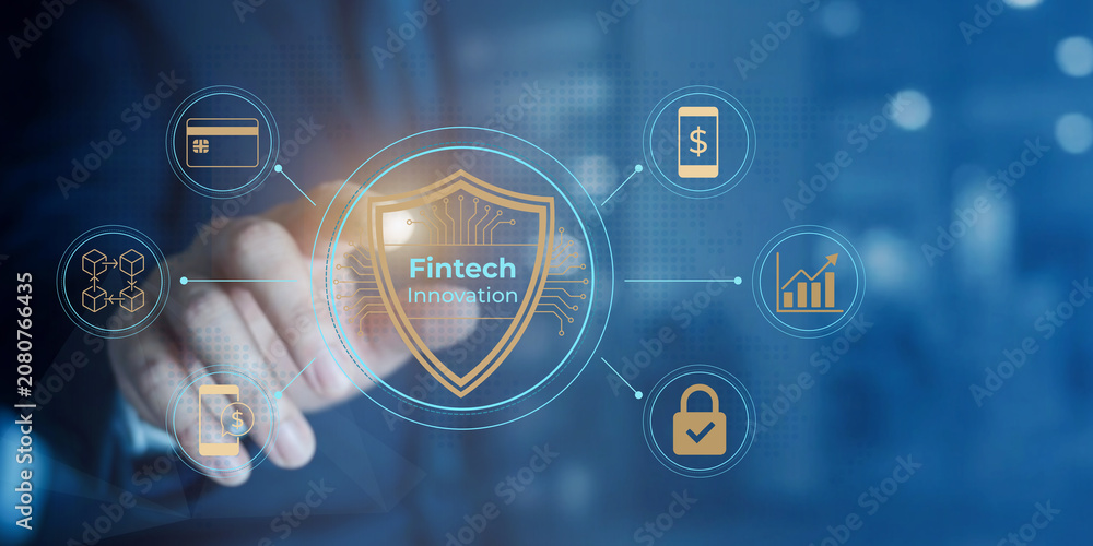 Fototapeta premium Fintech innovation concept showing secure digital financial technology with futuristic interface elements