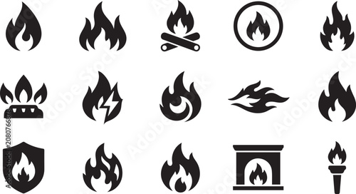 Foto Collection of various fire flame and heat symbols with campfire, fireplace