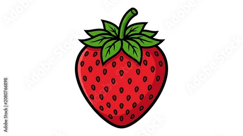 Vibrant strawberry with green leaves illustration.
