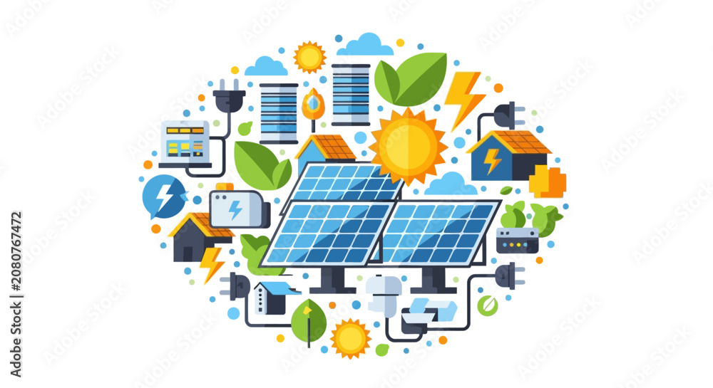 Naklejka premium Renewable Energy Concept Illustration with Solar Panels, Green Power Icons, and Sustainable Technology Symbols on White Background