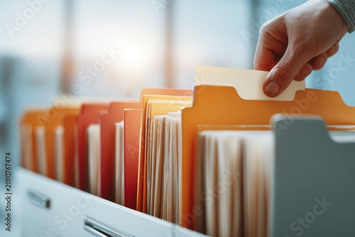 Hand places folder into file cabinet