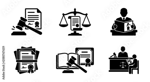 Foto Law and Justice Icons, Legal Documents, Courtroom Proceedings, Attorney Services