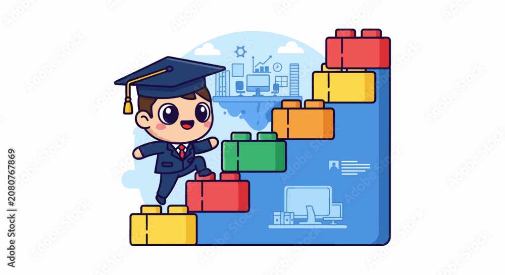 Obraz premium Cute student character climbing up building blocks stairs.