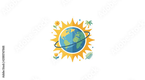 Flat vector illustration of Earth globe inside sun symbol