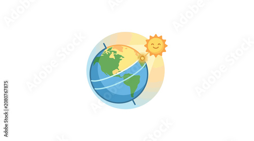 Flat vector illustration of Earth globe with smiling sun character