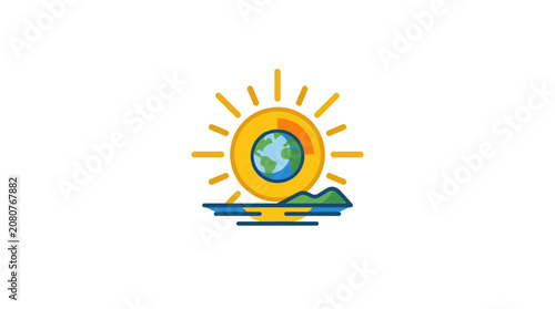 Flat vector illustration of earth icon inside stylized yellow sun
