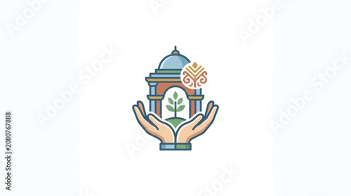 Flat vector illustration of hands protecting building and green sprout