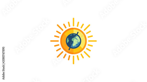 Flat vector illustration of planet earth inside a shining sun icon