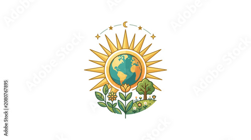 Flat Vector Illustration of Earth Globe with Sun and Nature
