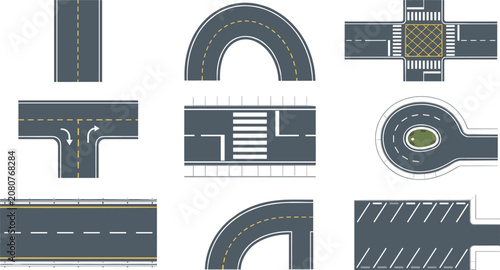 Schilderij op canvas Asphalt Road and Highway Element Set Vector Illustration Collection with Top Vie