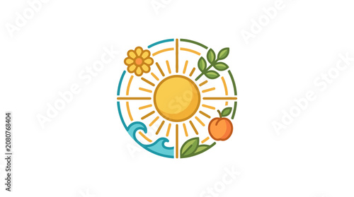 Minimalist circular nature emblem with sun flower wave and fruit