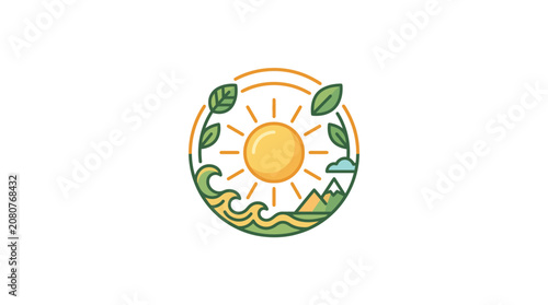 Minimalist circular nature icon featuring sun mountains ocean and green leaves