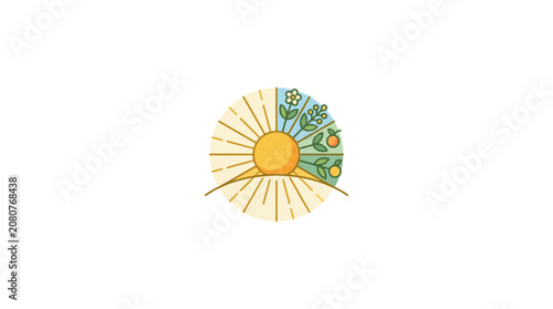 Minimalist circular sun logo with floral and fruit elements
