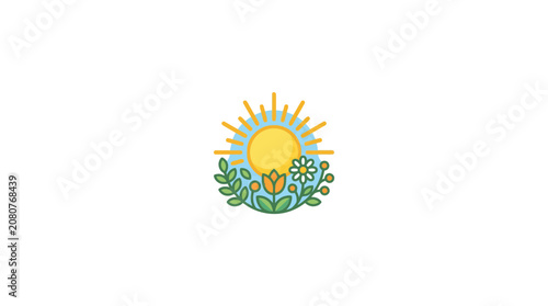 Minimalist flat vector illustration of sun with garden flowers and leaves