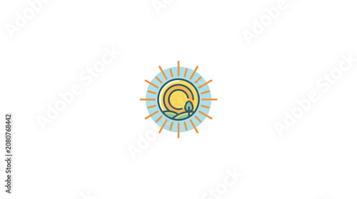 Minimalist sun icon with tree and nature landscape vector illustration