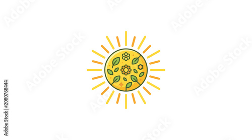 Minimalist floral sun icon with leaves and blossoms vector illustration