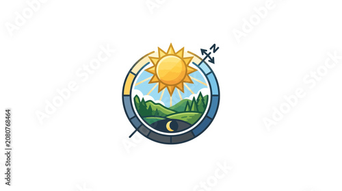 Nature landscape icon with sun moon and navigation dial