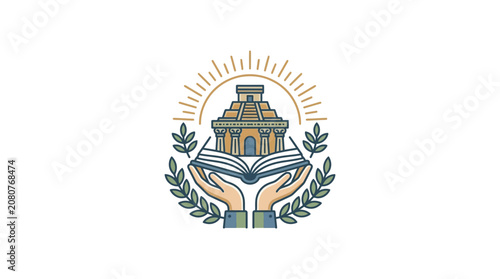 Vintage Illustration of Hands Holding Open Book with Ancient Temple Monument Concept