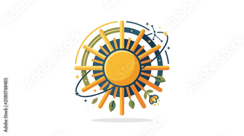 Stylized Flat Vector Sun Illustration with Celestial and Nature Elements