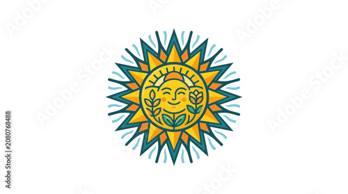 Stylized Smiling Sun Vector Illustration with Geometric Rays and Floral Details