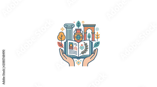 Vector illustration of hands holding book with diverse cultural heritage symbols