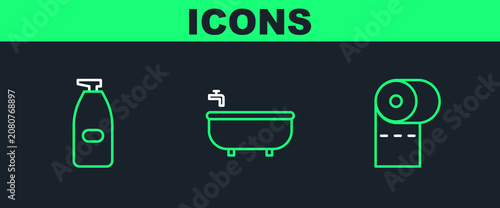 Canvas Print Set line Toilet paper roll, Bottle of liquid antibacterial soap and Bathtub icon