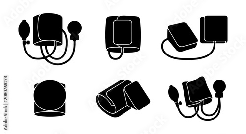 Blood Pressure Monitor Icons Set, Sphygmomanometer Medical Equipment Vector Graphics, Healthcare Device Symbols Collection