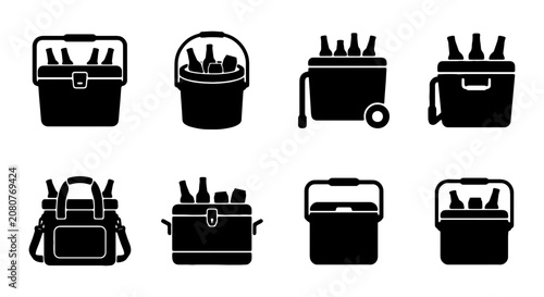 Cooler Bag and Box Vector Icons, Insulated Beverage Container Set, Outdoor Drink Storage Graphics