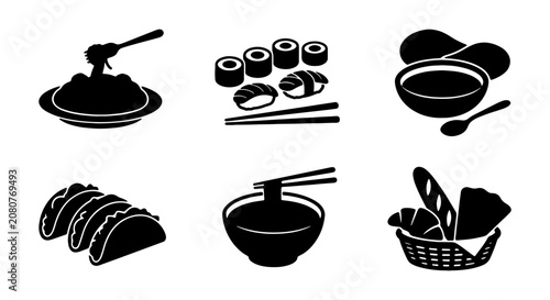 Delicious Food Icons, a collection of 6 black silhouette vector illustrations for menus and apps