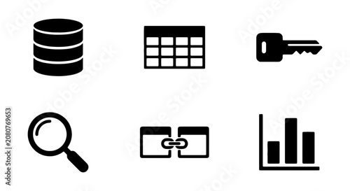 Data Icons Set: Database, Calendar, Key, Search, Link, Chart, Business Analytics Vector Icons