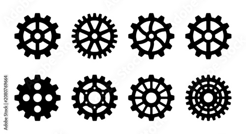 Set of 8 Black Gear Icons, Mechanical Cogwheel Symbols, Industrial Machine Parts, Engineering Components