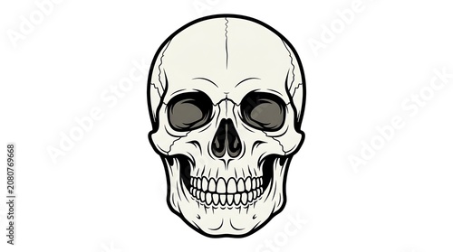 Skull with hollow eyes and exposed teeth.