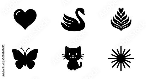 Black Silhouette Icons: Heart, Swan, Leaf, Butterfly, Cat, Sunburst, Vector Graphics