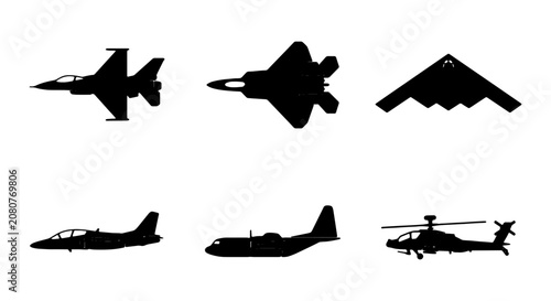 Modern Military Aircraft Silhouettes, Fighter Jets, Stealth Bomber, Helicopter Collection