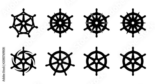 Nautical Ship Wheel Icons Set, Marine Helm Vector Graphics Collection, Navigation Steering Wheel Symbols