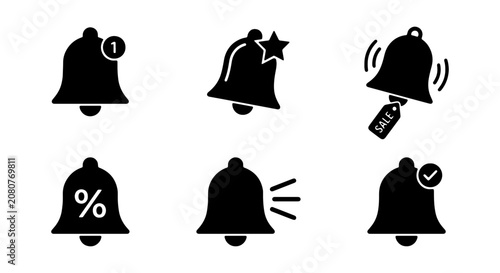 Notification Bell Icons Set, Alert Symbols, Sale and Discount Badges, Vector Graphics