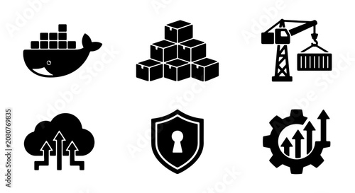Shipping Container Icons, Logistics Symbols, Cloud Upload, Security Shield, Growth Gear, Vector Set