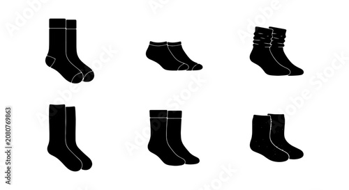 Black Sock Icons Set, Footwear Accessories Collection, Apparel Graphic Elements, Vector Illustration