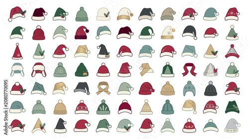 Colorful collection of winter hats and beanies with festive holiday designs in various styles