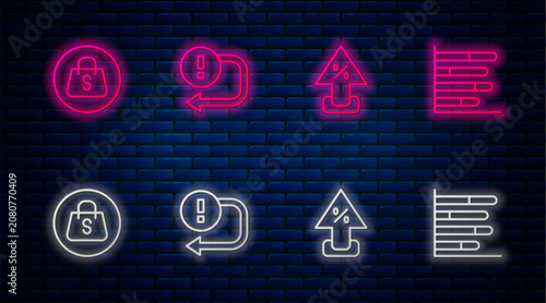 Set line Arrow, Percent up arrow, Shopping bag with Sale and Pie chart infographic. Glowing neon icon on brick wall. Vector
